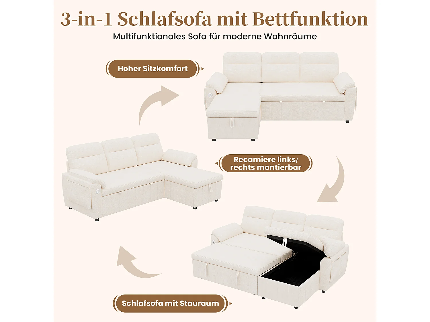 Canapé d'angle 3 places avec méridienne réversible, rangement et ports USB/Type-C - Chenille - 208 x 131 x 88 cm - Beige