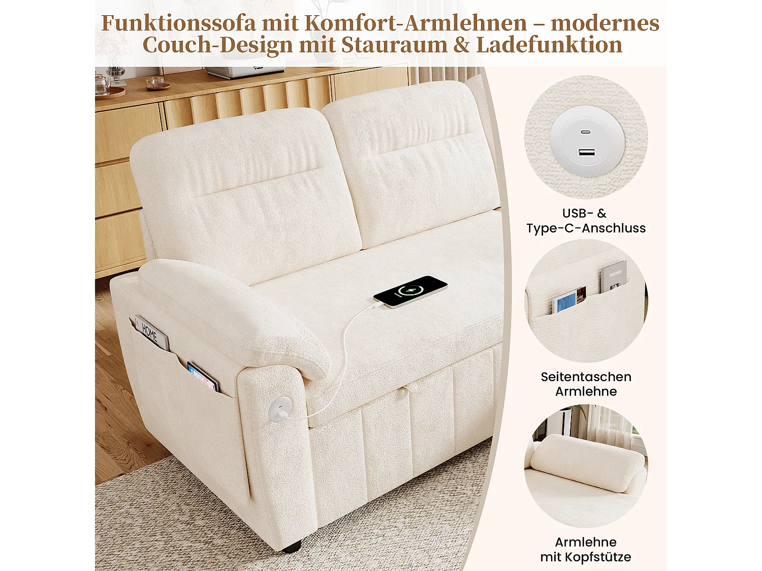 Canapé d'angle 3 places avec méridienne réversible, rangement et ports USB/Type-C - Chenille - 208 x 131 x 88 cm - Beige