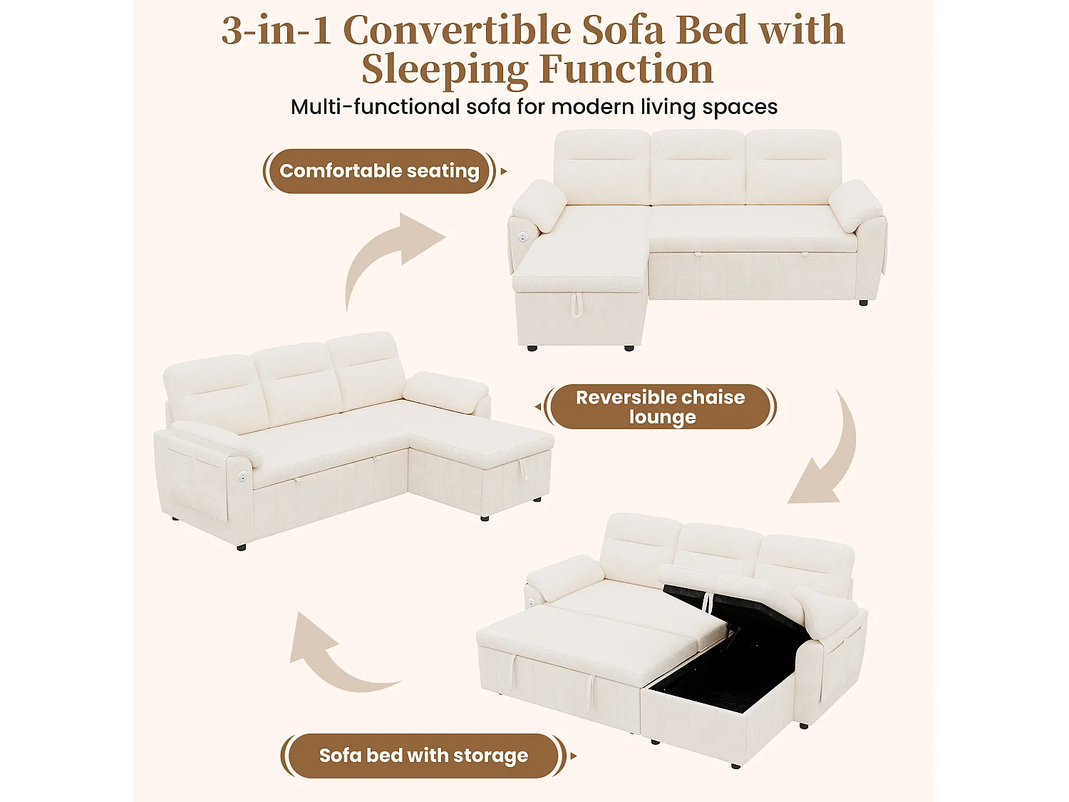 Canapé d'angle 3 places avec méridienne réversible, rangement et ports USB/Type-C - Chenille - 208 x 131 x 88 cm - Beige