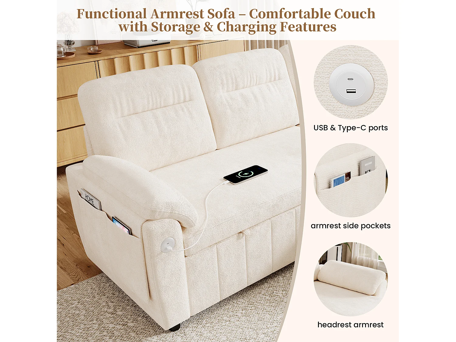 Canapé d'angle 3 places avec méridienne réversible, rangement et ports USB/Type-C - Chenille - 208 x 131 x 88 cm - Beige