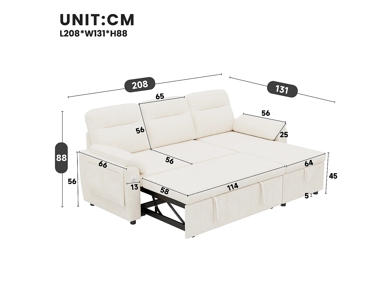 Canapé d'angle 3 places avec méridienne réversible, rangement et ports USB/Type-C - Chenille - 208 x 131 x 88 cm - Beige