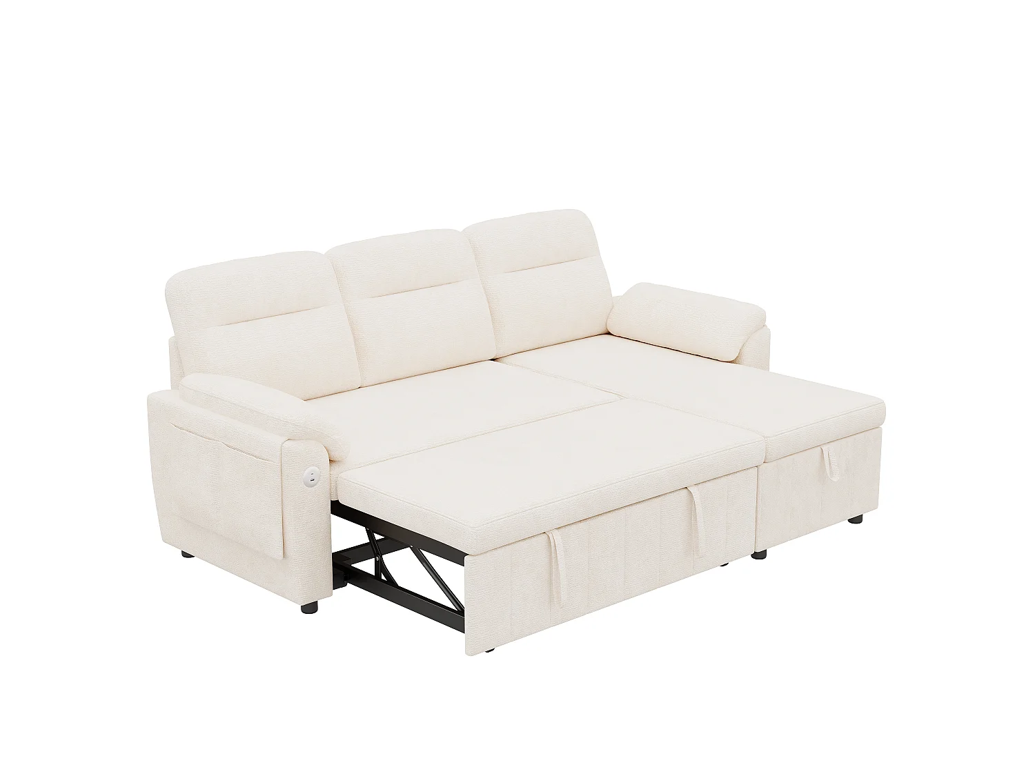 Canapé d'angle 3 places avec méridienne réversible, rangement et ports USB/Type-C - Chenille - 208 x 131 x 88 cm - Beige