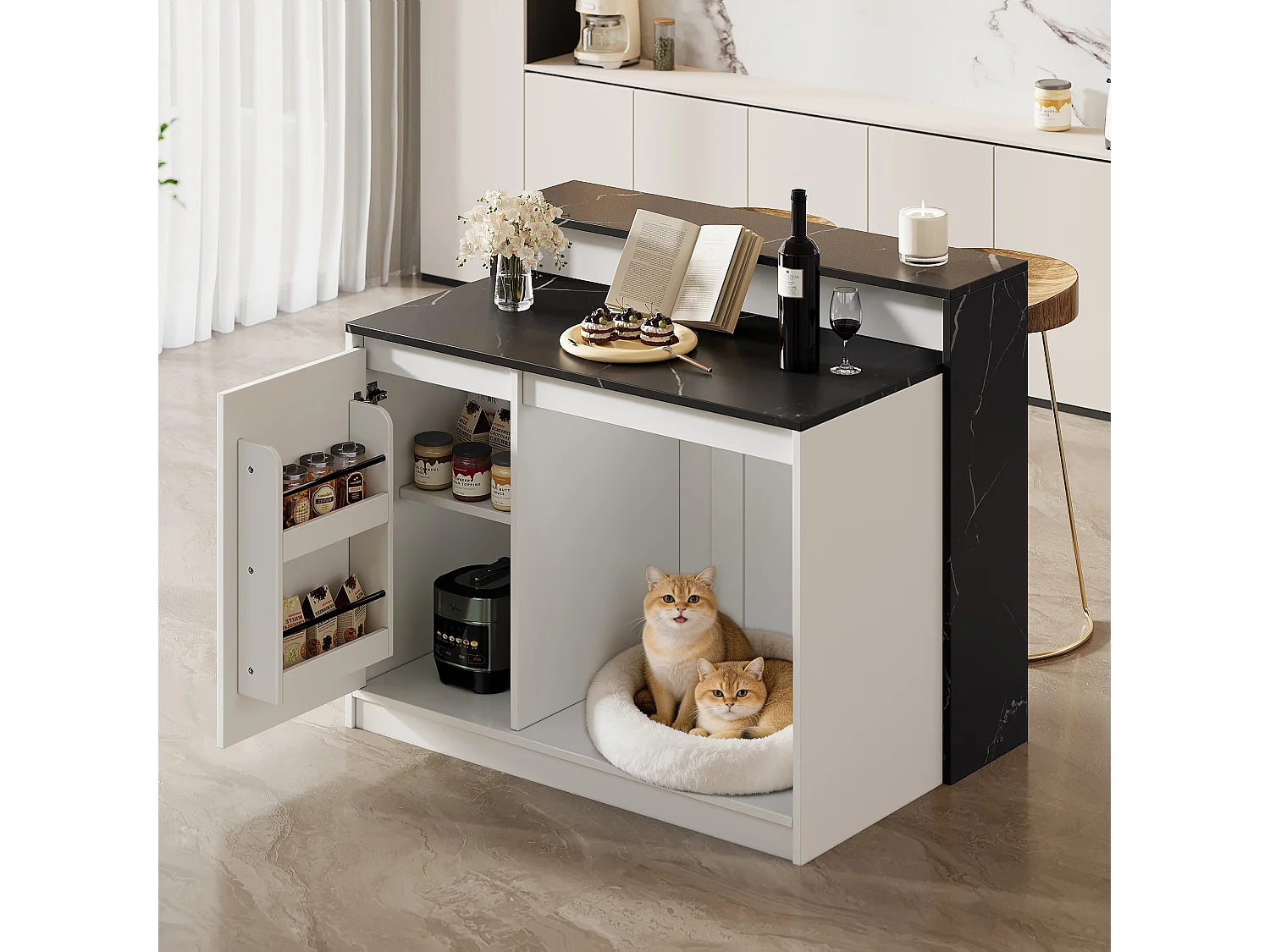 Îlot central de cuisine avec comptoir bar et espace de repos pour animaux - 120 x 80 x 100 cm - Aspect marbre - MDF, mélamine - Blanc et noir