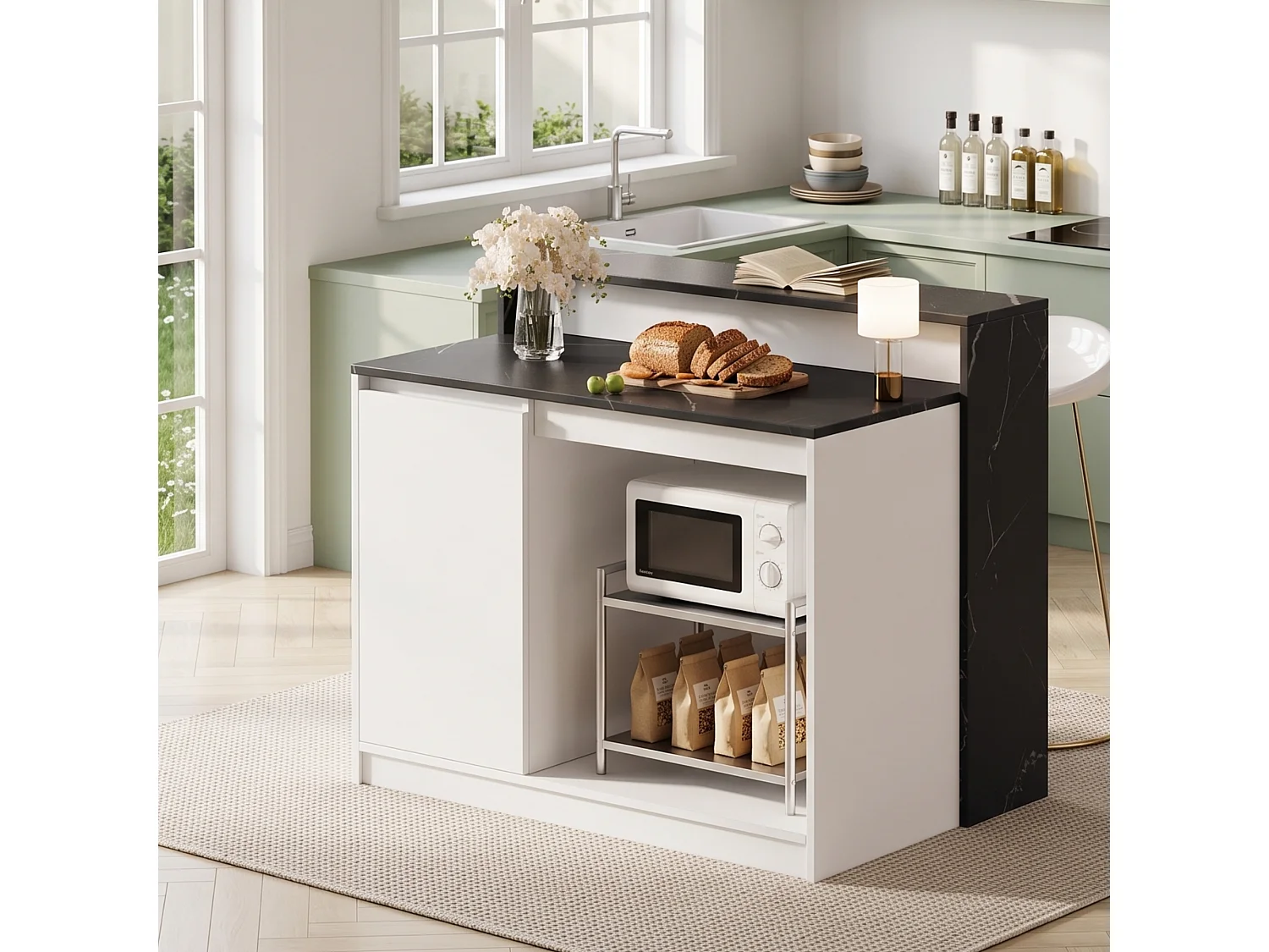 Îlot central de cuisine avec comptoir bar et espace de repos pour animaux - 120 x 80 x 100 cm - Aspect marbre - MDF, mélamine - Blanc et noir