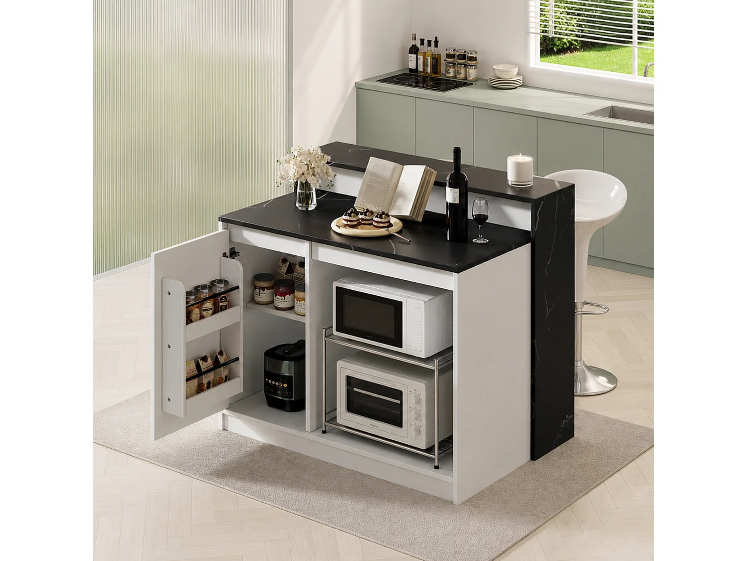 Îlot central de cuisine avec comptoir bar et espace de repos pour animaux - 120 x 80 x 100 cm - Aspect marbre - MDF, mélamine - Blanc et noir