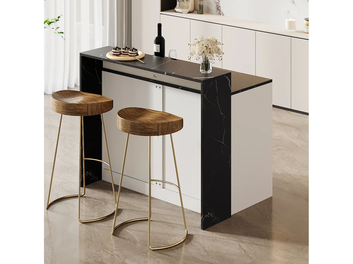 Îlot central de cuisine avec comptoir bar et espace de repos pour animaux - 120 x 80 x 100 cm - Aspect marbre - MDF, mélamine - Blanc et noir