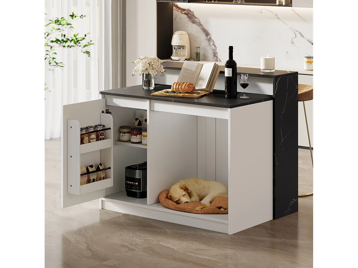 Îlot central de cuisine avec comptoir bar et espace de repos pour animaux - 120 x 80 x 100 cm - Aspect marbre - MDF, mélamine - Blanc et noir