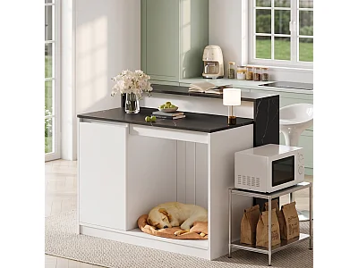 Îlot central de cuisine avec comptoir bar et espace de repos pour animaux - 120 x 80 x 100 cm - Aspect marbre - MDF, mélamine - Blanc et noir