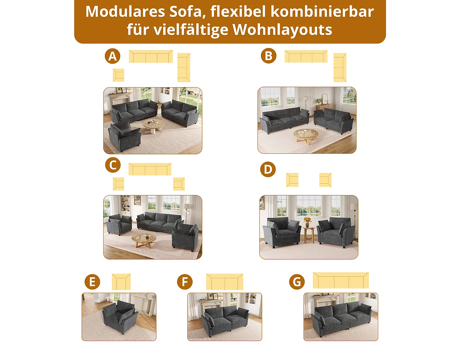 Ensemble canapé modulable 3 places + 2 fauteuils combinable avec coussins - Chenille - 220 x 87 x 81 cm - Gris