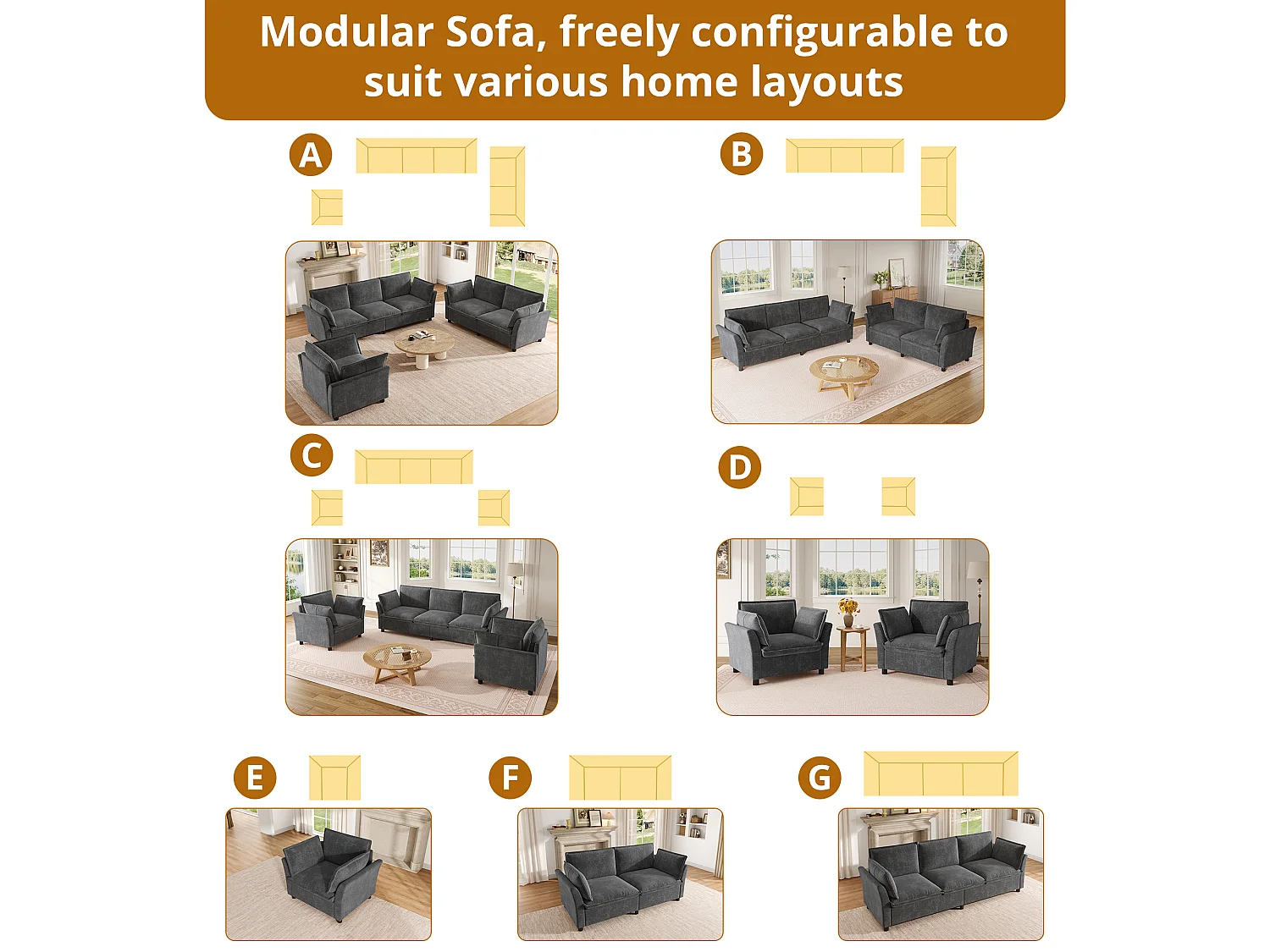 Ensemble canapé modulable 3 places + 2 fauteuils combinable avec coussins - Chenille - 220 x 87 x 81 cm - Gris