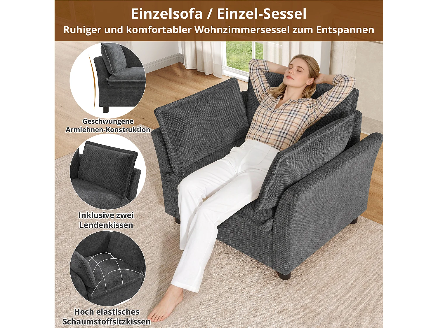 Ensemble canapé modulable 3 places + 2 fauteuils combinable avec coussins - Chenille - 220 x 87 x 81 cm - Gris