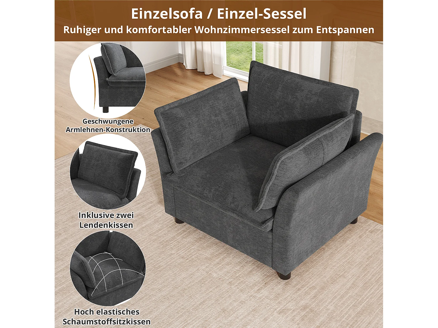 Ensemble canapé modulable 3 places + 2 fauteuils combinable avec coussins - Chenille - 220 x 87 x 81 cm - Gris