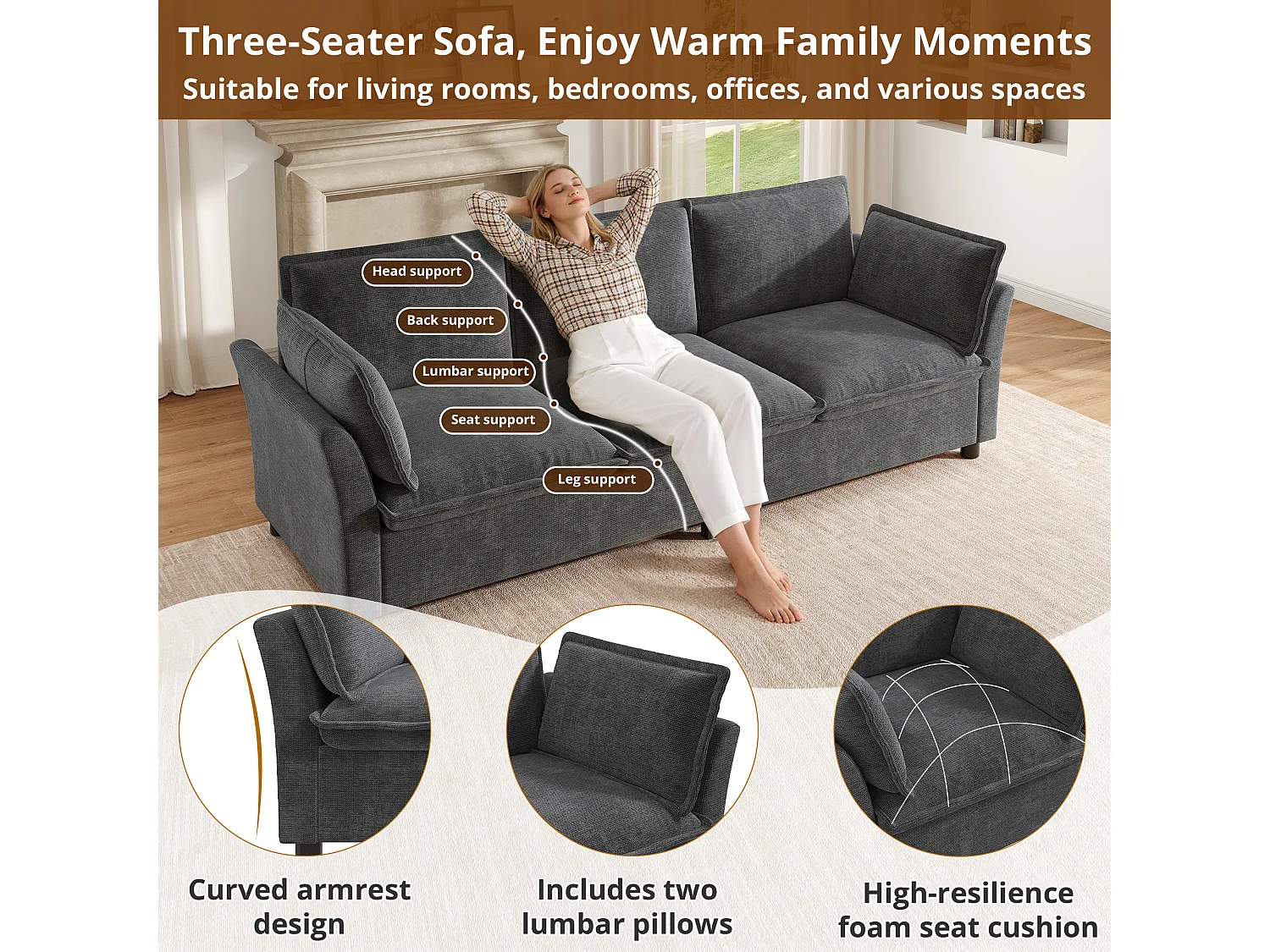 Ensemble canapé modulable 3 places + 2 fauteuils combinable avec coussins - Chenille - 220 x 87 x 81 cm - Gris