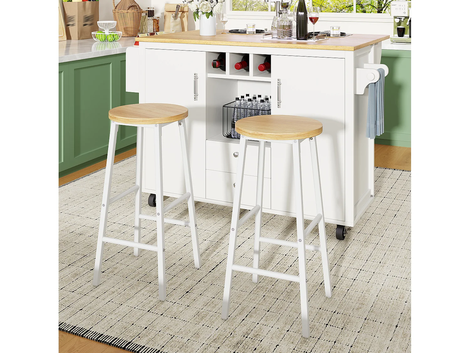 Mobile Kücheninsel mit 2 Hockern, Klapptisch, 2 Schubladen und 2 Türen – MDF + Metall – 137,9 x 45–73 x 92 cm – Weiß