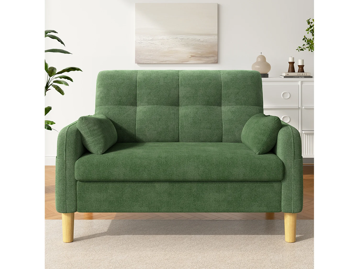 Divano moderno a 2 posti con 2 cuscini, seduta spessa e vano portaoggetti laterale - Ciniglia di poliestere - 119 x 78 x 85 cm - Verde