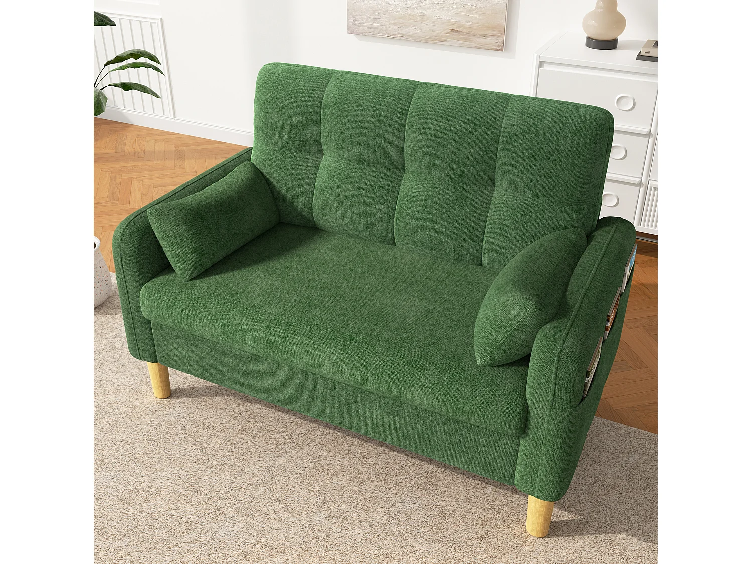 Divano moderno a 2 posti con 2 cuscini, seduta spessa e vano portaoggetti laterale - Ciniglia di poliestere - 119 x 78 x 85 cm - Verde