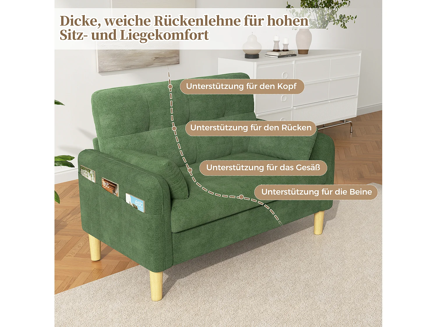 Divano moderno a 2 posti con 2 cuscini, seduta spessa e vano portaoggetti laterale - Ciniglia di poliestere - 119 x 78 x 85 cm - Verde