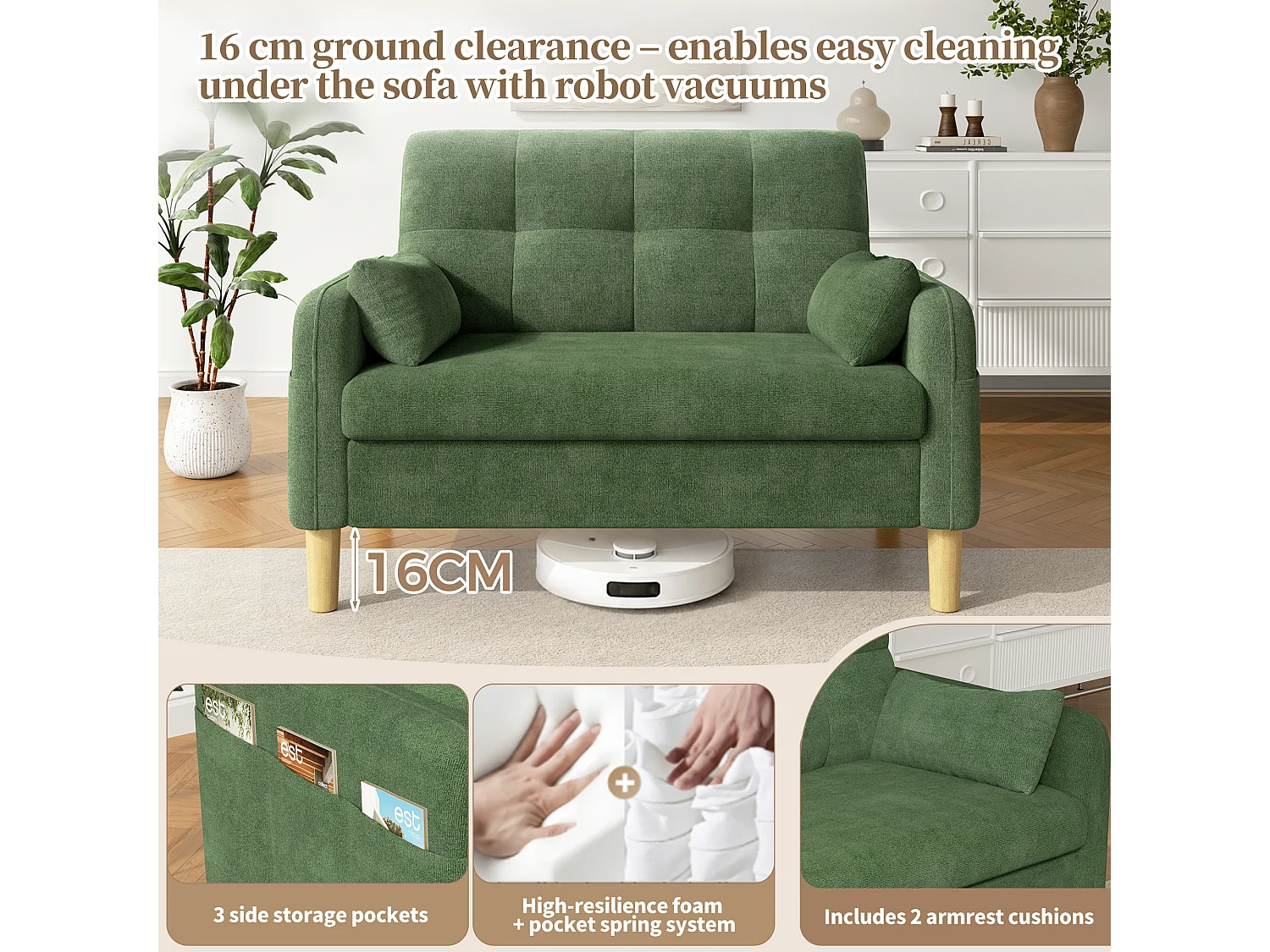 Divano moderno a 2 posti con 2 cuscini, seduta spessa e vano portaoggetti laterale - Ciniglia di poliestere - 119 x 78 x 85 cm - Verde