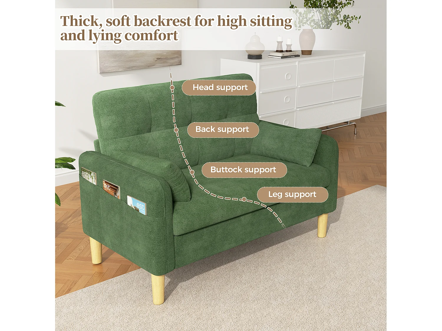 Divano moderno a 2 posti con 2 cuscini, seduta spessa e vano portaoggetti laterale - Ciniglia di poliestere - 119 x 78 x 85 cm - Verde