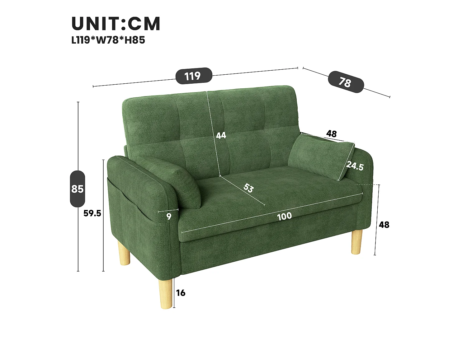 Divano moderno a 2 posti con 2 cuscini, seduta spessa e vano portaoggetti laterale - Ciniglia di poliestere - 119 x 78 x 85 cm - Verde