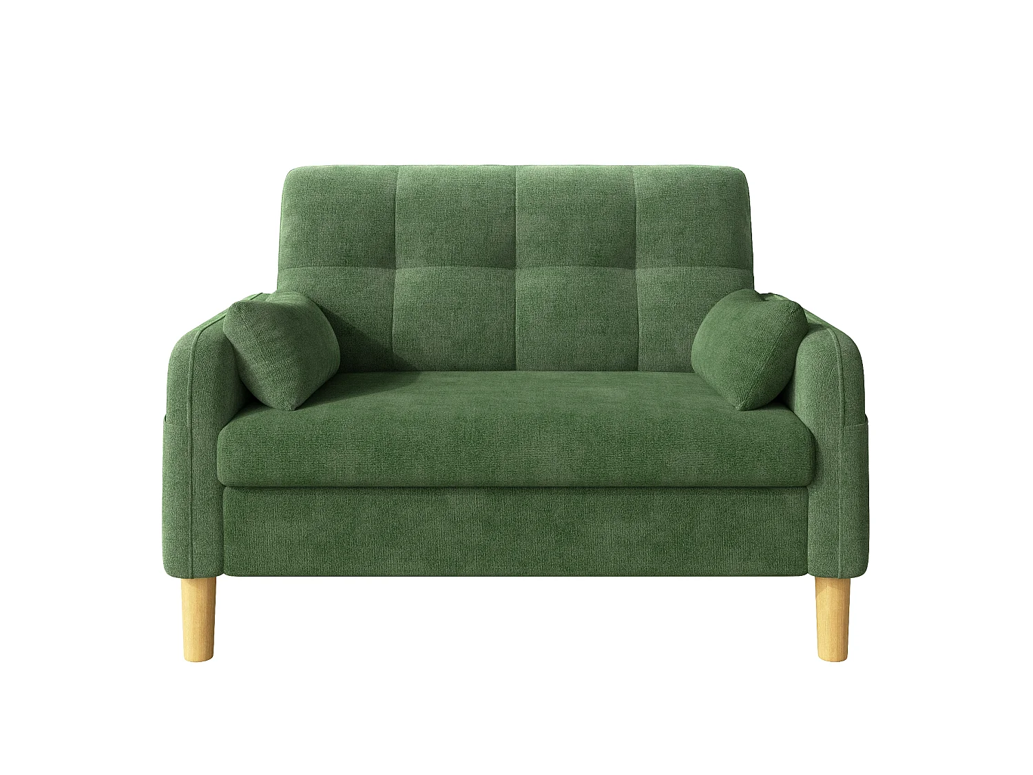 Divano moderno a 2 posti con 2 cuscini, seduta spessa e vano portaoggetti laterale - Ciniglia di poliestere - 119 x 78 x 85 cm - Verde