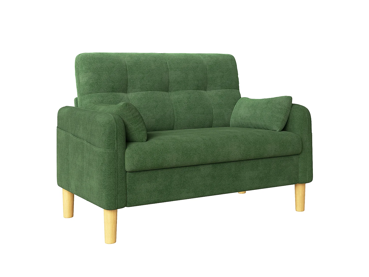 Divano moderno a 2 posti con 2 cuscini, seduta spessa e vano portaoggetti laterale - Ciniglia di poliestere - 119 x 78 x 85 cm - Verde