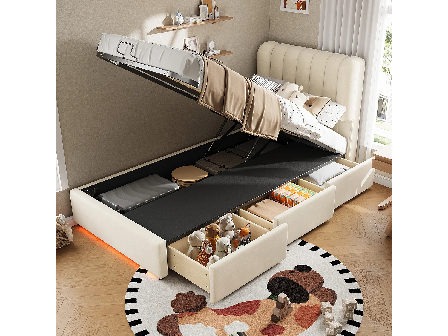 90 x 200  cm storage bed with hydraulic lift and 3 storage drawers – LED strip, velvet upholstery – Beige (Mattress not included)