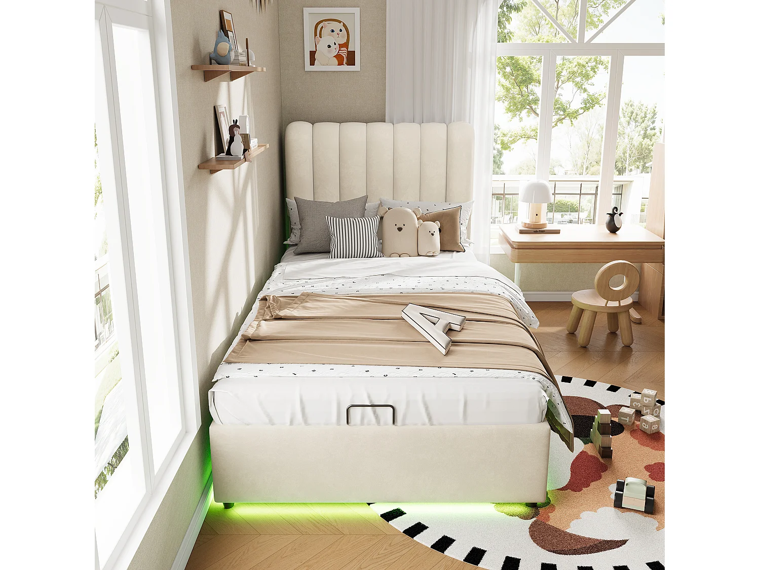 90 x 200  cm storage bed with hydraulic lift and 3 storage drawers – LED strip, velvet upholstery – Beige (Mattress not included)