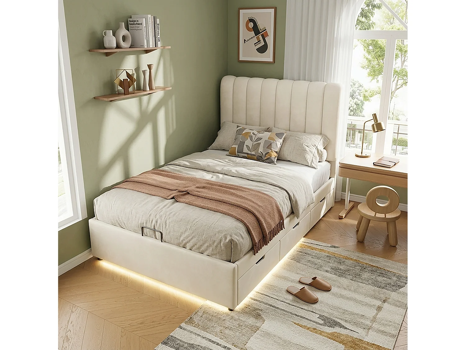 90 x 200  cm storage bed with hydraulic lift and 3 storage drawers – LED strip, velvet upholstery – Beige (Mattress not included)
