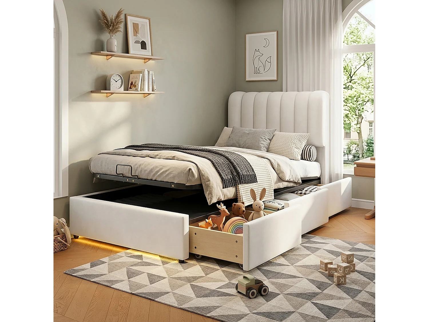 90 x 200  cm storage bed with hydraulic lift and 3 storage drawers – LED strip, velvet upholstery – Beige (Mattress not included)
