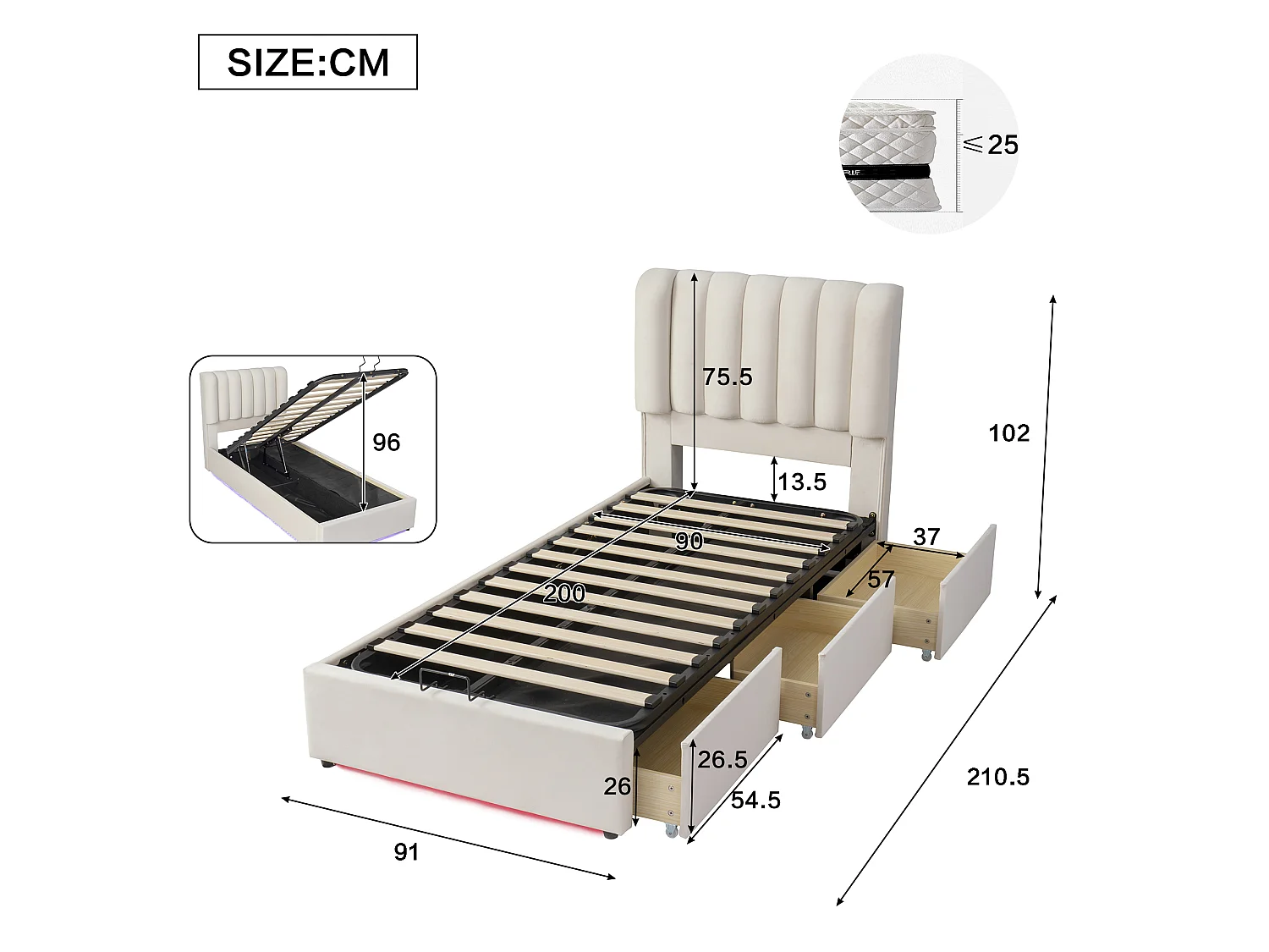 90 x 200  cm storage bed with hydraulic lift and 3 storage drawers – LED strip, velvet upholstery – Beige (Mattress not included)