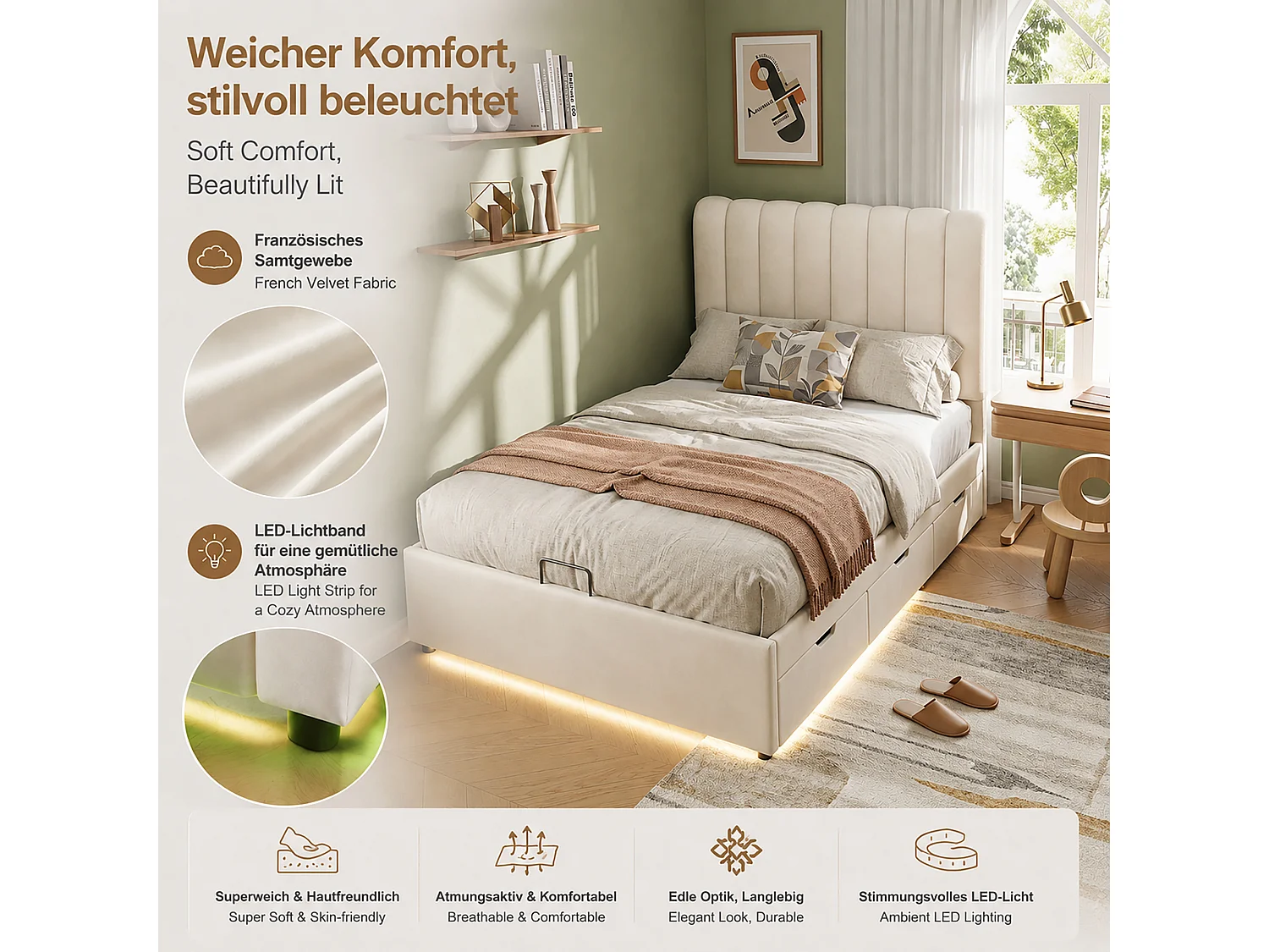 90 x 200  cm storage bed with hydraulic lift and 3 storage drawers – LED strip, velvet upholstery – Beige (Mattress not included)