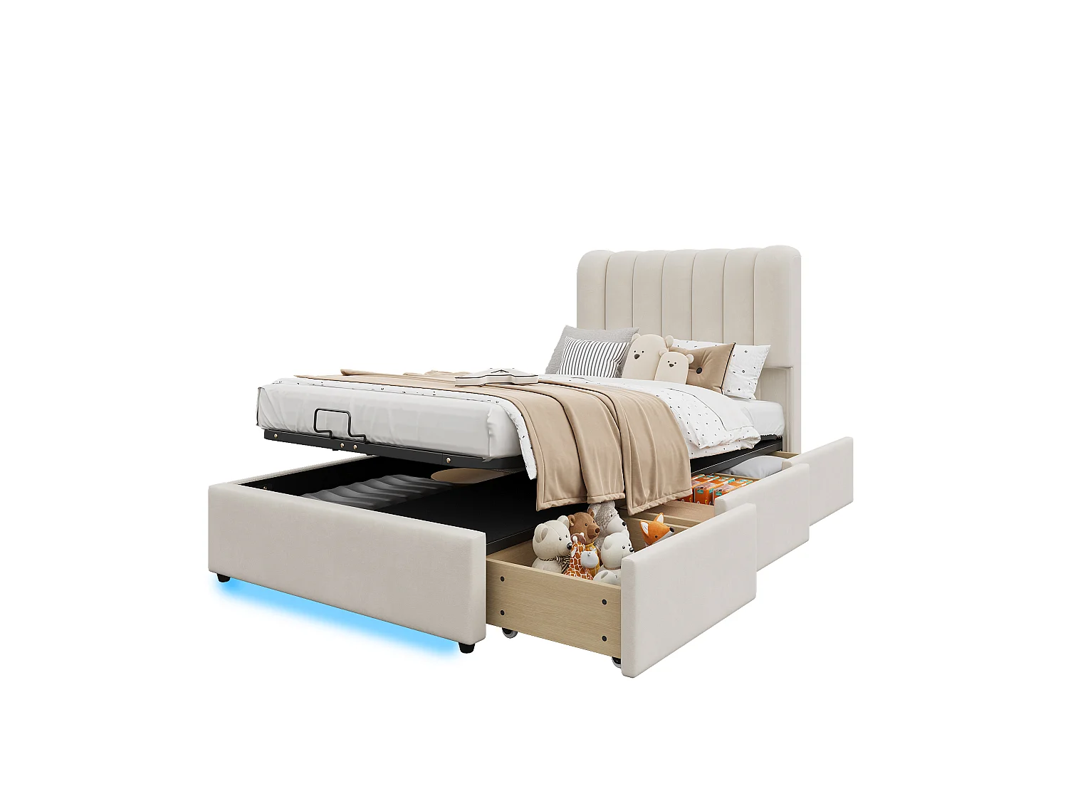 90 x 200  cm storage bed with hydraulic lift and 3 storage drawers – LED strip, velvet upholstery – Beige (Mattress not included)