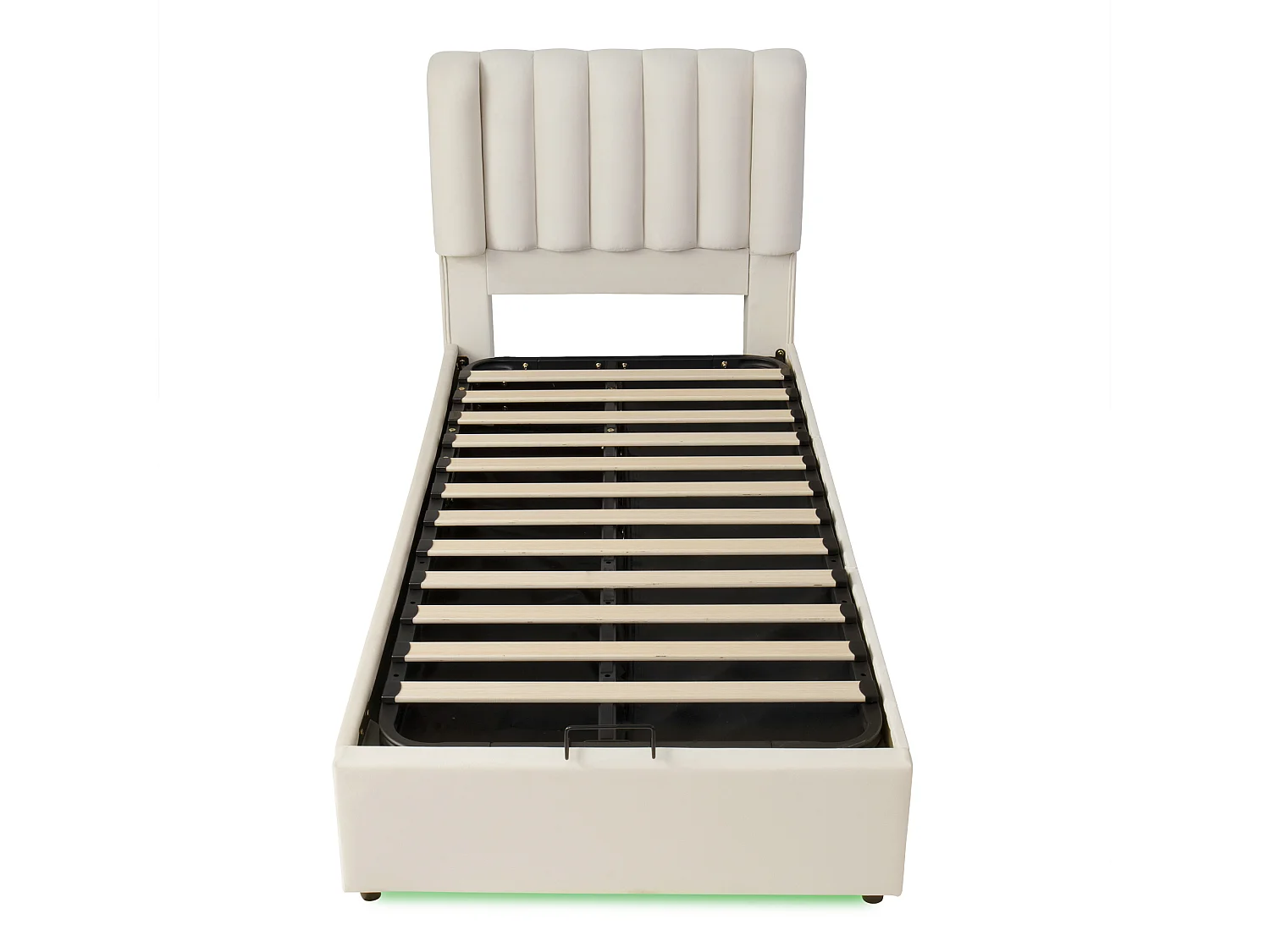 90 x 200  cm storage bed with hydraulic lift and 3 storage drawers – LED strip, velvet upholstery – Beige (Mattress not included)