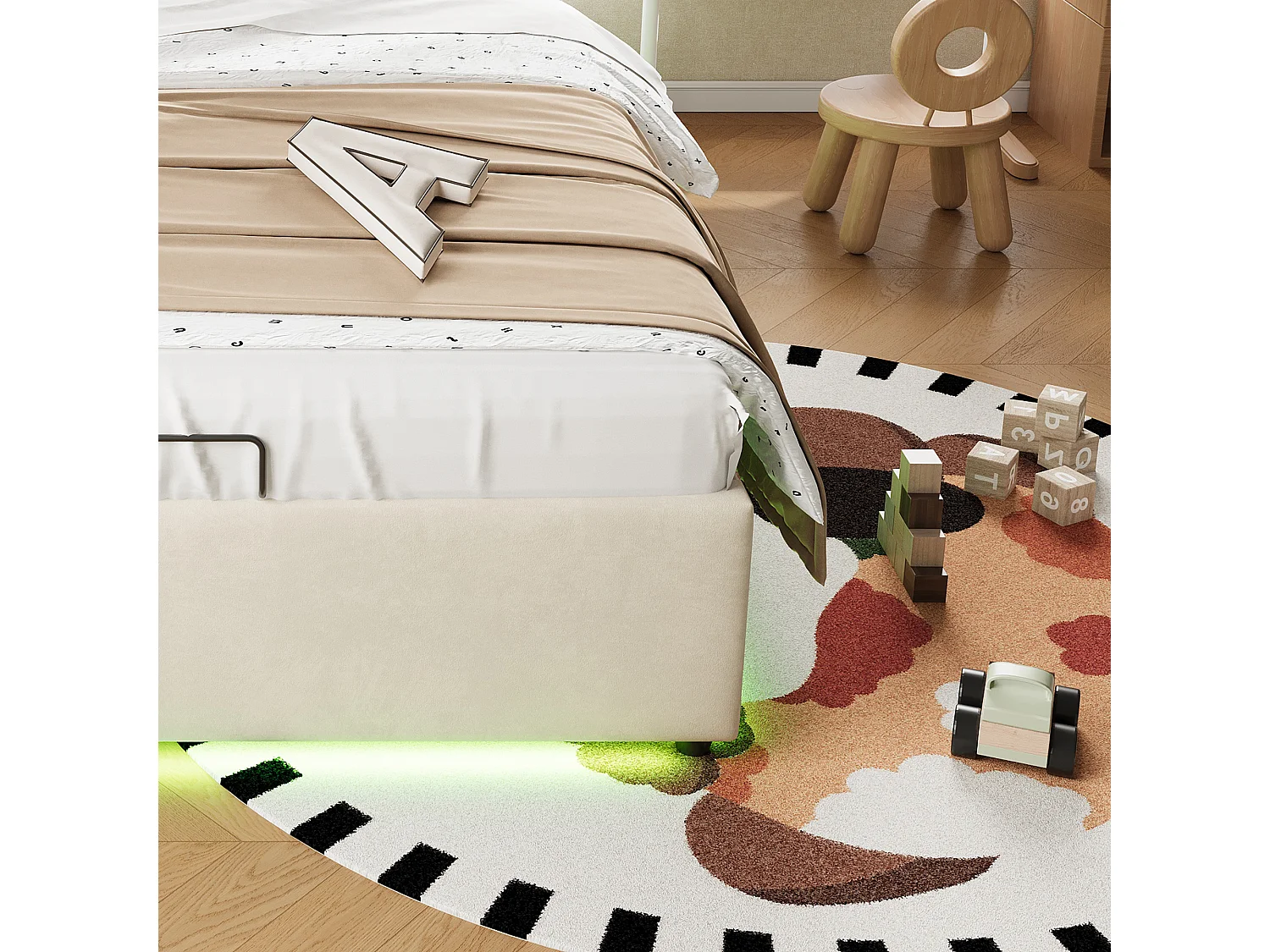 90 x 200  cm storage bed with hydraulic lift and 3 storage drawers – LED strip, velvet upholstery – Beige (Mattress not included)