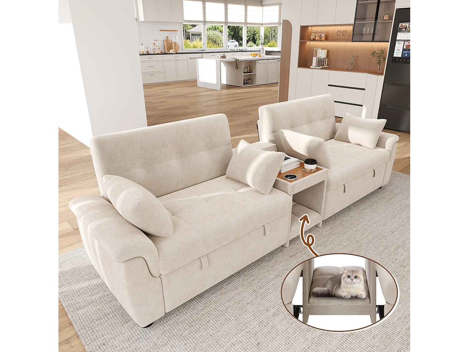 Canapé convertible avec couchage double, dossier réglable et console centrale - Chenille - 284 x 138 x 89 cm - Beige