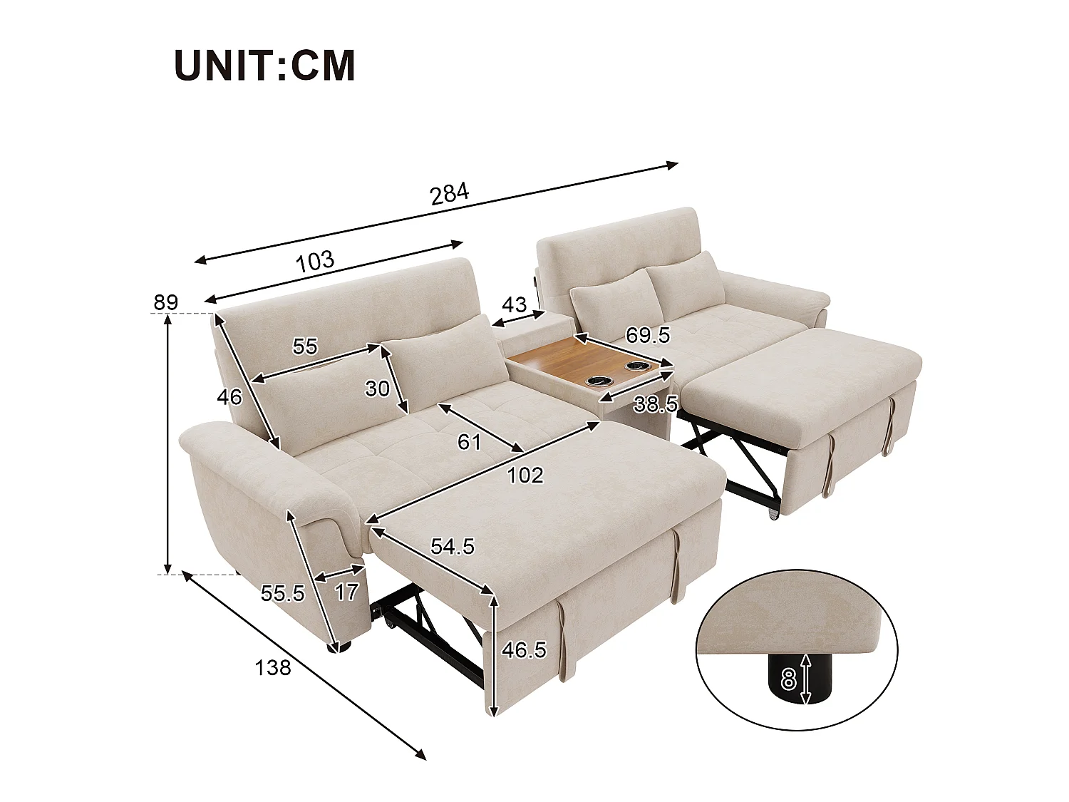 Canapé convertible avec couchage double, dossier réglable et console centrale - Chenille - 284 x 138 x 89 cm - Beige