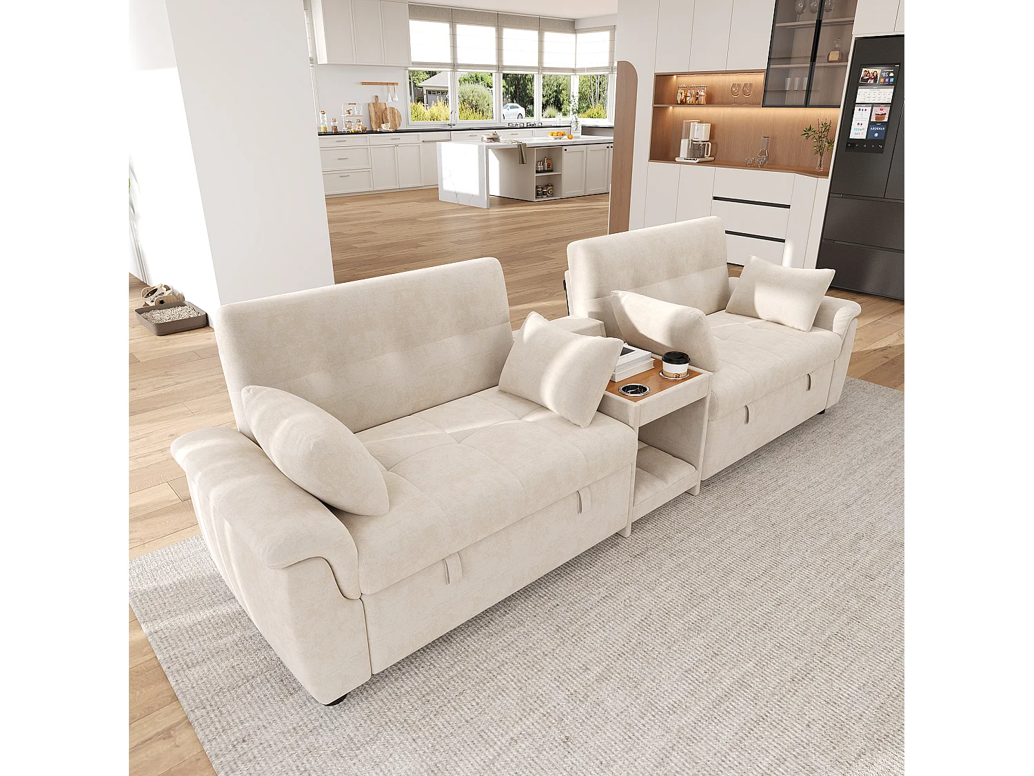 Canapé convertible avec couchage double, dossier réglable et console centrale - Chenille - 284 x 138 x 89 cm - Beige