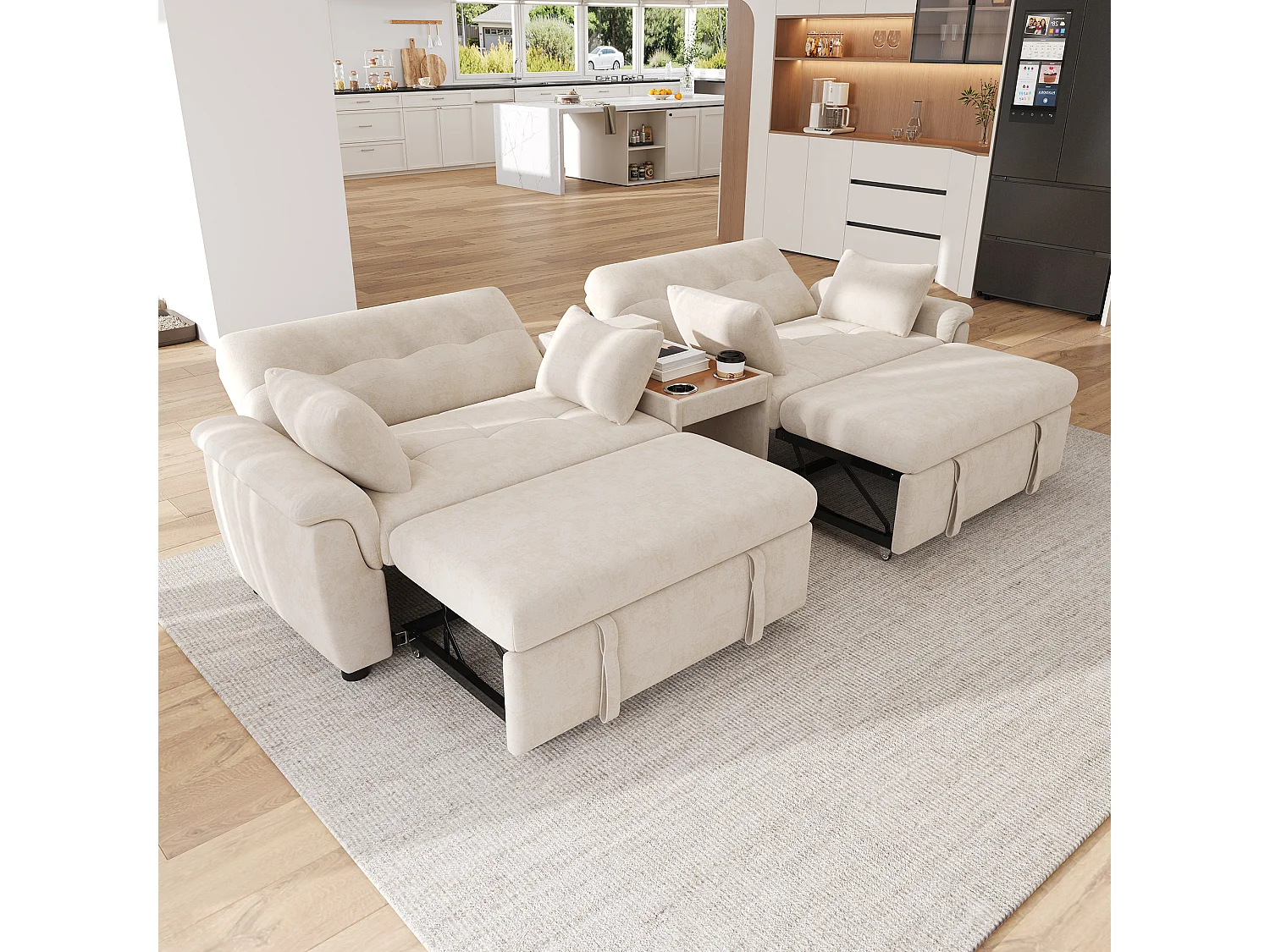 Canapé convertible avec couchage double, dossier réglable et console centrale - Chenille - 284 x 138 x 89 cm - Beige