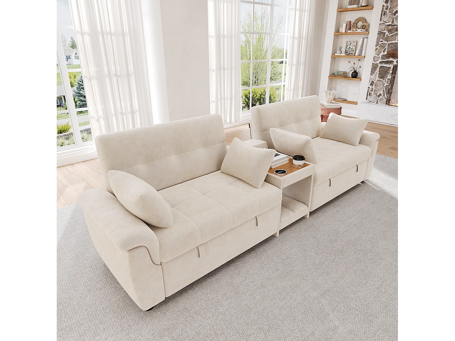 Canapé convertible avec couchage double, dossier réglable et console centrale - Chenille - 284 x 138 x 89 cm - Beige