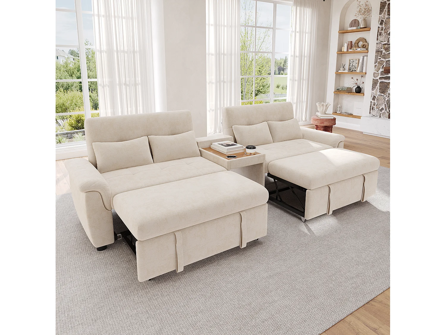 Canapé convertible avec couchage double, dossier réglable et console centrale - Chenille - 284 x 138 x 89 cm - Beige