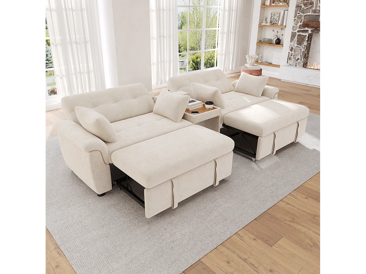 Canapé convertible avec couchage double, dossier réglable et console centrale - Chenille - 284 x 138 x 89 cm - Beige