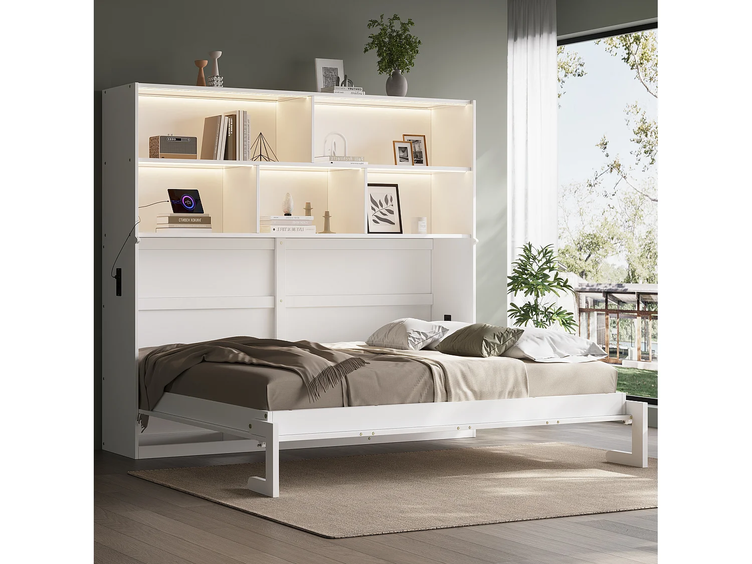 Lit escamotable 90 x 200 cm convertible avec rangement, LED, USB/Type-C et prises – MDF – Blanc (Sans matelas)