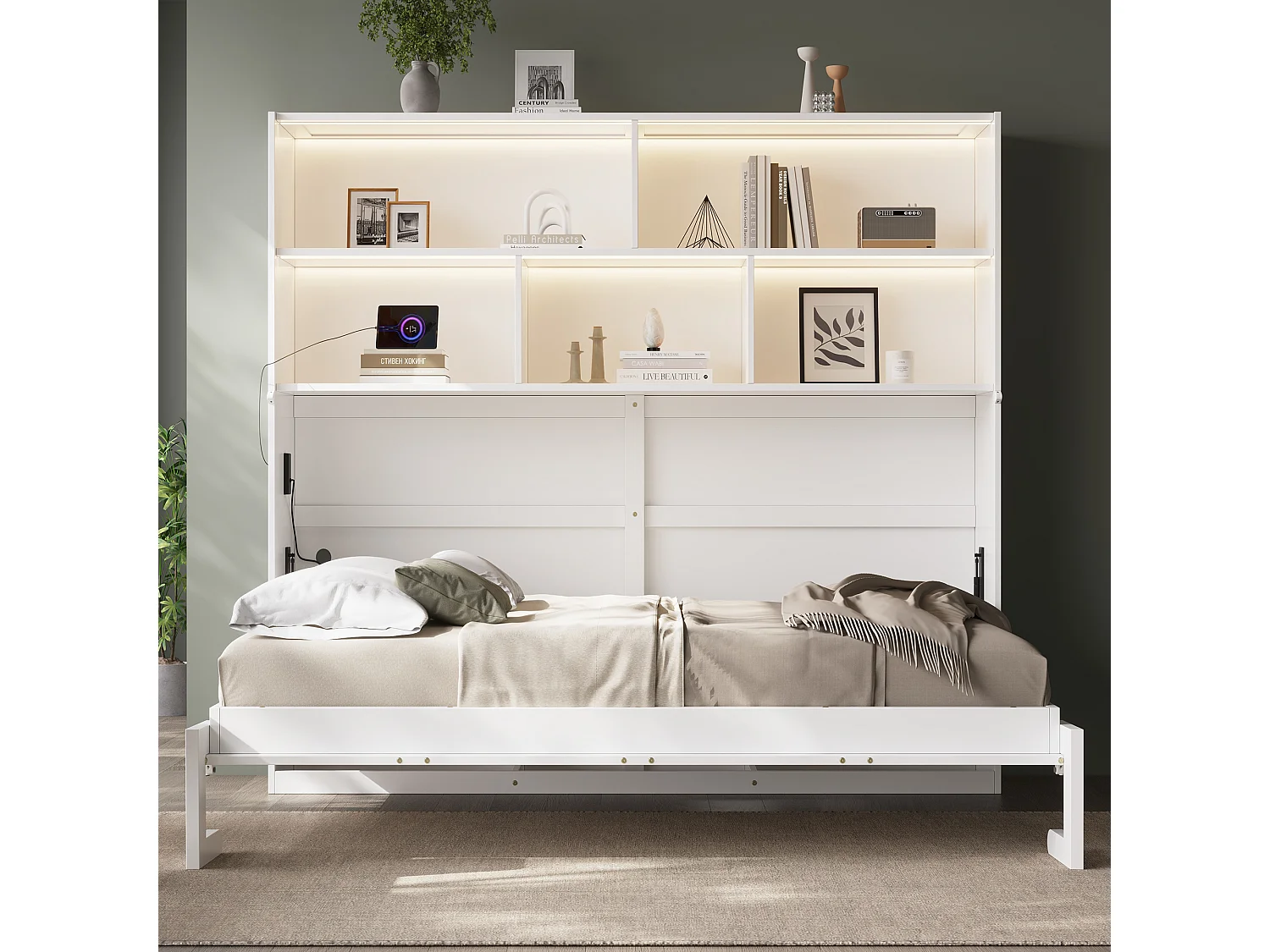 Lit escamotable 90 x 200 cm convertible avec rangement, LED, USB/Type-C et prises – MDF – Blanc (Sans matelas)