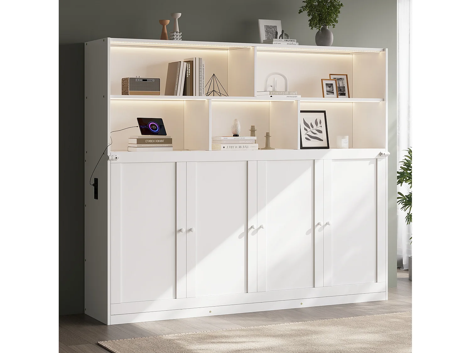 Lit escamotable 90 x 200 cm convertible avec rangement, LED, USB/Type-C et prises – MDF – Blanc (Sans matelas)
