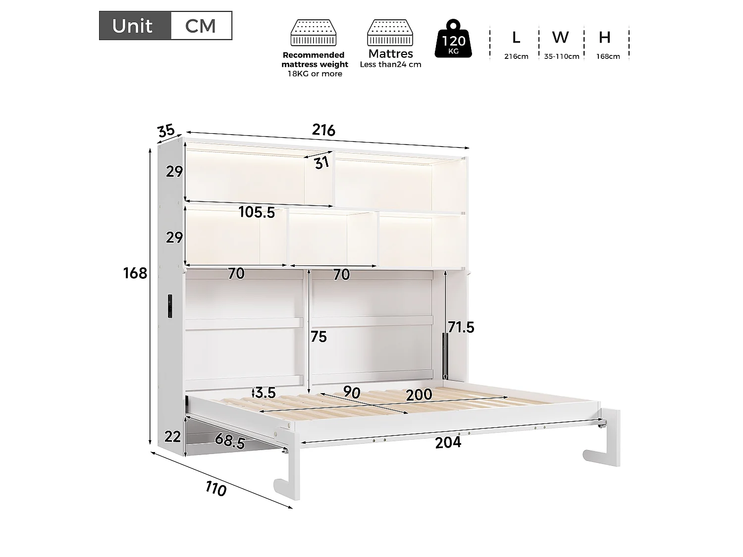 Lit escamotable 90 x 200 cm convertible avec rangement, LED, USB/Type-C et prises – MDF – Blanc (Sans matelas)