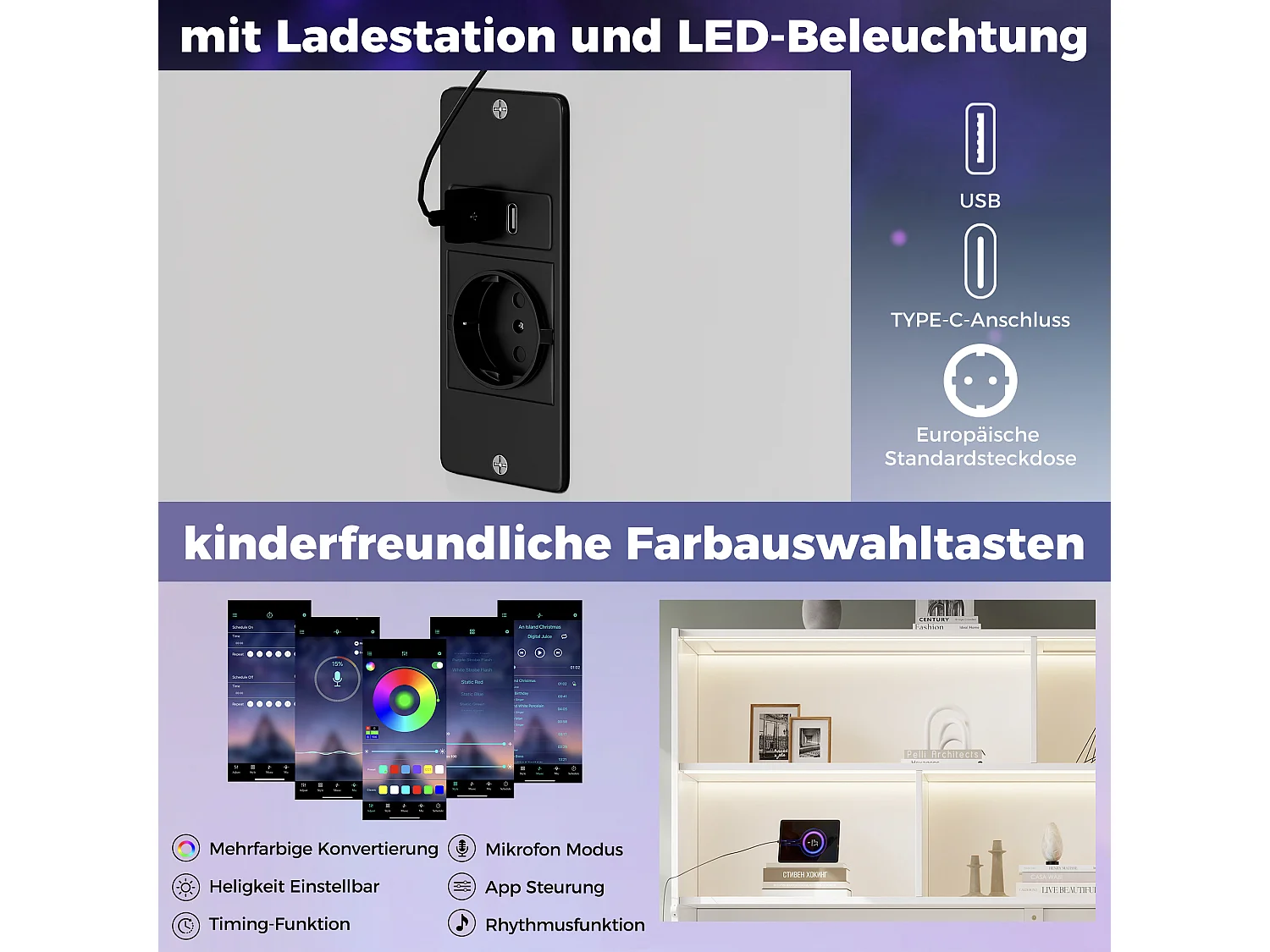 Lit escamotable 90 x 200 cm convertible avec rangement, LED, USB/Type-C et prises – MDF – Blanc (Sans matelas)