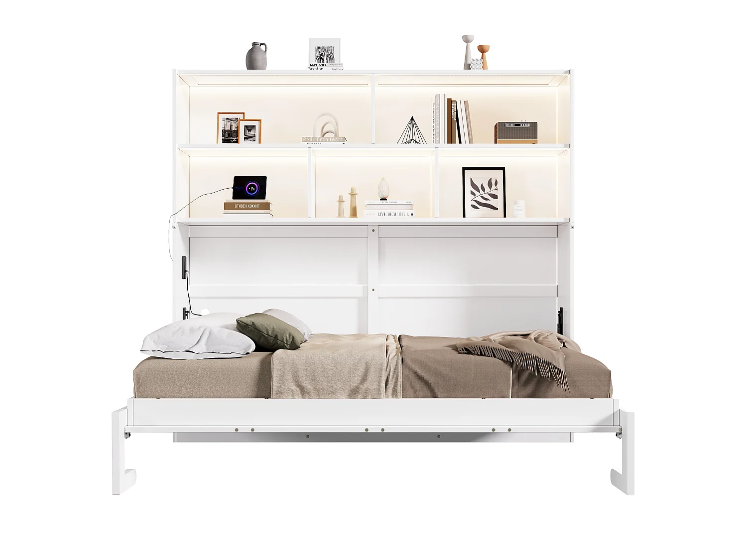 Lit escamotable 90 x 200 cm convertible avec rangement, LED, USB/Type-C et prises – MDF – Blanc (Sans matelas)
