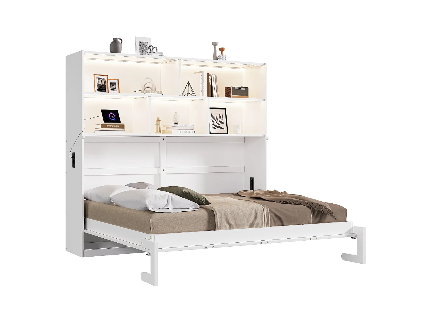 Lit escamotable 90 x 200 cm convertible avec rangement, LED, USB/Type-C et prises – MDF – Blanc (Sans matelas)