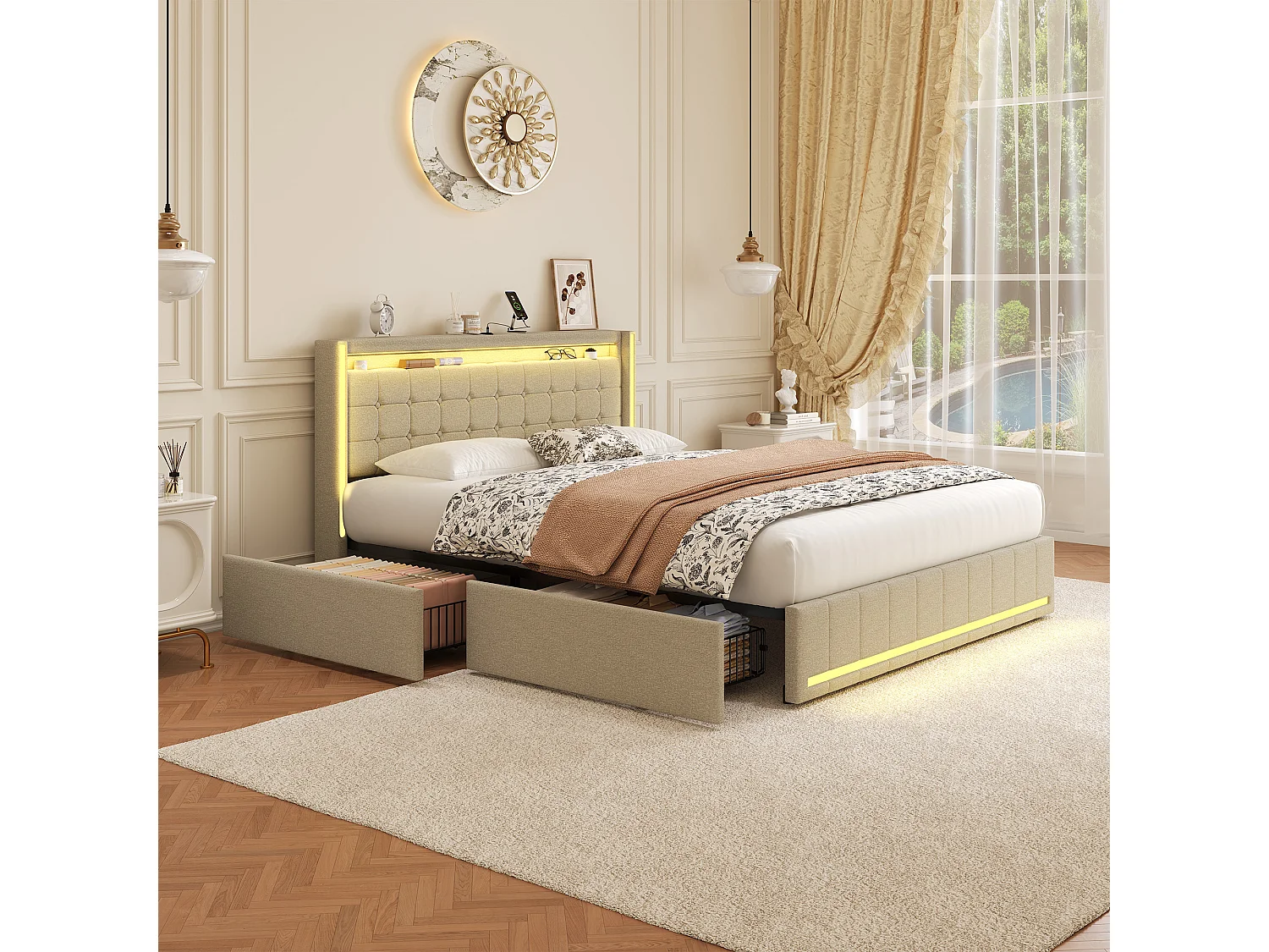 Lit Double 160X200cm Avec 4 Tiroirs,Éclairage LED,Ports USB Et Type‑C,Roulettes Pour Rangement,Cadre De Lit Moderne Pour Chambre À Coucher,Lin,Beige
